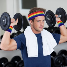 Bememo 12 Pieces Striped Sweatbands Set, Includes 4 Pieces Sports Headband and 8 Pieces Wristbands Sweatbands Colorful Striped Sweatband Set for Men and Women?Rainbow Set 4, 12 Pieces