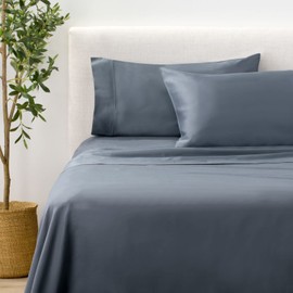 Nate Home by Nate Berkus 300TC Cotton Bedding 4-Piece Deep Pocket Sheet Set | Soft and Smooth Sateen Weave from mDesign, King Size, 1 Flat Sheet/1 Fitted Sheet/2 Pillowcases, Whale (Navy Blue)