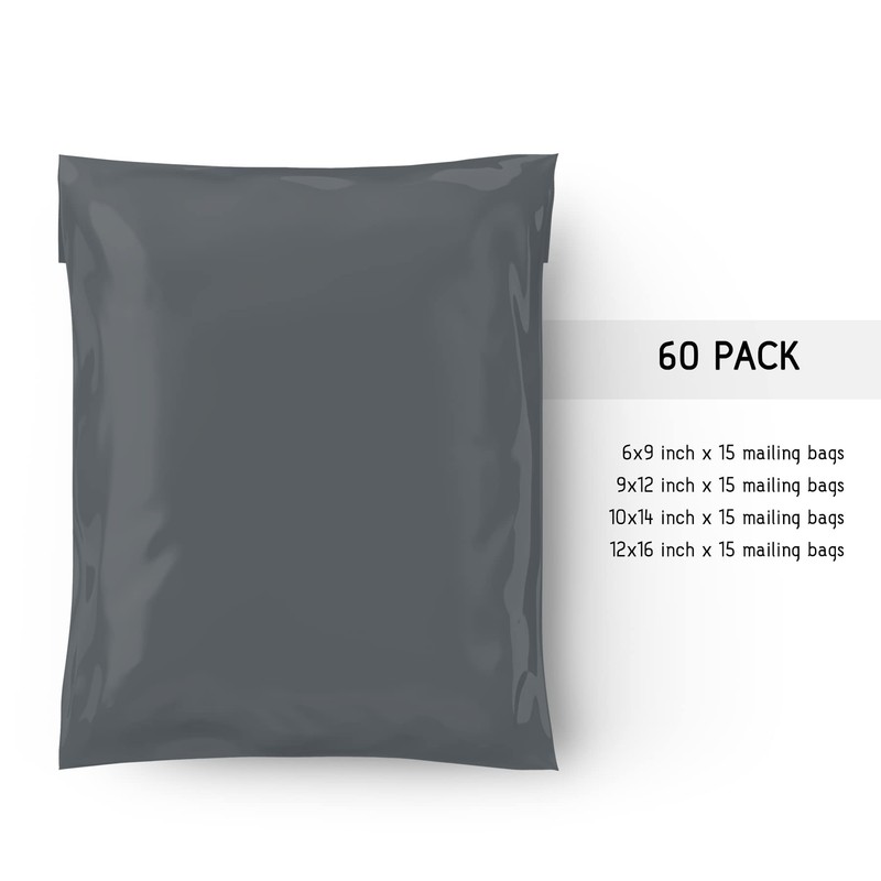 Straame 60 Mixed Size Grey Mailing Postal Bags, Self-Seal Closure