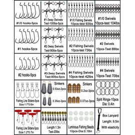 SUPERTHEO Fishing Accessories Kit with Hooks Bass Casting Sinkers Fishing Swivels Snaps Sinker Slides Fishing Line Beads Fishing Set with Tackle Box Lanyard