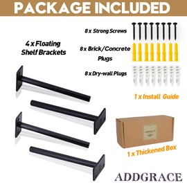 AddGrace 4 Pack Floating Shelf Brackets Solid Steel Heavy Duty Hidden Shelf Support for Wood Shelves with Hardware (Black) 6"