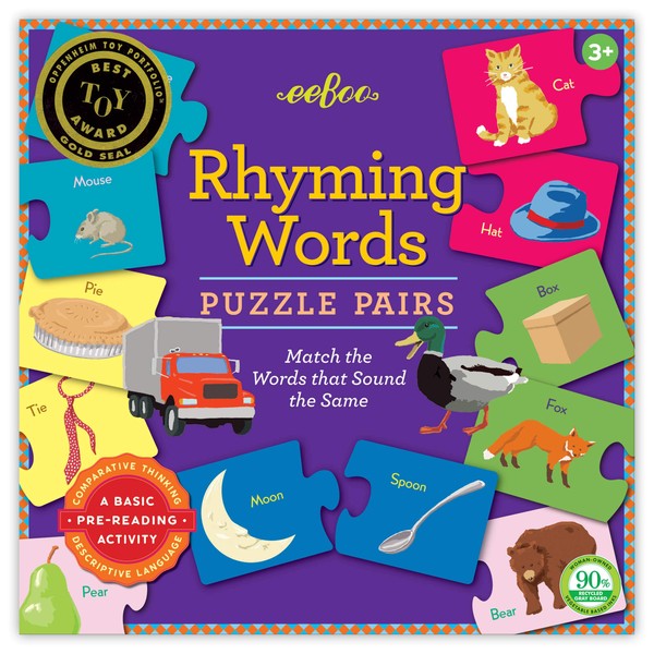 eeBoo: Rhyming Puzzle Pairs, Encourages Critical Thinking Skills in a Fun Way, Perfect for Ages 3 and up, Match the Words that Sound the Same
