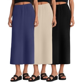 Huukeay 3 Pack Long Maxi Skirts for Women, Back Slit Ankle Length Casual Skirts Elastic Waist Soft Pencil Skirts with Pockets(Black, Apricot, Haze Blue,Medium)