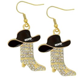 Rhinestone Western Boots Earrings Cowgirl Cowboy Enamel Hat Bohemian Rodeo Boot Drop Dangle Earrings for Women (Gold)