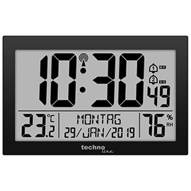 Technoline Dirgitale, modern radio wall clock in black, Acrylonitrile Butadiene Styrene (ABS), 225 x 24 x 143mm