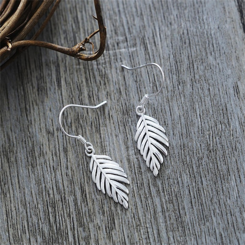 Sterling Silver Falling Feather Leaf Wing Drop Dangle Hook Earrings