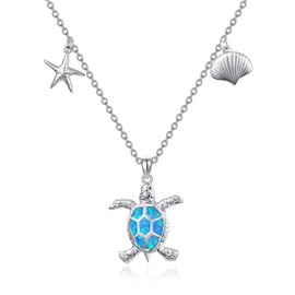 KINGWHYTE Opal Turtle Necklace 925 Sterling Silver Turtle Pendant with Starfish Shell Chain Animal Necklace Sea Turtle Jewellery Gifts for Women Women Girls, Sterling Silver, Opal