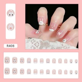 Cute Animal Artificial Fake Nails, Medium Length Press on Nails, 24Pcs Reusable Full Cover False Nails Kits for Women Girls, Rabbit Acrylic Nails Design, Glue on Nails Fake Nails for Nail Art