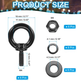 PATIKIL 6pcs M4x12mm Lifting Shoulder Eye Bolts 304 Stainless Steel Lifting Ring Threaded Eye Bolts with Hex Lock Nuts, Lock Washers and Flat Washers for Hanging Hammock Accessories, Black