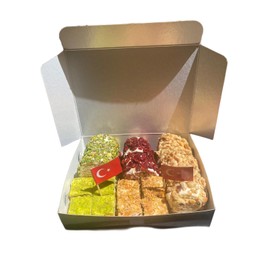 Turkish delight with mix of 5 flavours (17.6 ounces (500 gr), Mega zeli̇ş with pomegranate almond cream, mega wrapped delight with hazelnut cream, mega peanut cream, and baklava chocolate pistachio, baklava kadayif powdered pistachio crumb)