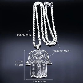 My Daily Styles Stainless Steel Chai Jewish Good Luck Hamsa Hand Necklace, 24 Inch Rope Chain, Black Oxidized Finish, 1.6 x 1.3 Inch Pendant