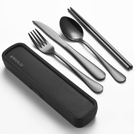 Travel Utensils with Case, Stainless Steel Camping Cutlery Set, Reinforced Case with Snap-Lock Closure, 5-Pcs Include Fork Spoon Knife Chopsticks, Portable Lunch Box for Picnic Office School, Black