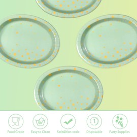 50Pcs Sage Green Oval Paper Plates 10" x 12" Large Disposable Sage Green and Gold Party Supplies Dessert Paper Plates Gold Dot Light Green Platter for Baby Shower Birthday Wedding Party Decorations