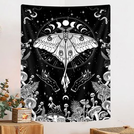Moth Vertical Tapestry Black And White Tapestry for Bedroom, Aesthetic Boho Mushroom Butterfly Small Tapestries, Tarot Moon Phase Witchy Tapestry Wall Hanging For Living Room Apartment Decor 40X60 In