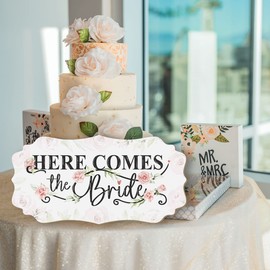 CHDITB Here Comes The Bride Wooden Hanging Sign(11.97”x4.8”), Colorful Wedding Sign Wall Decor with Rose Flowers Bouquet, Rustic Ring Bearer Wood Sign for Bride Groom Wedding Ceremony