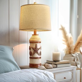 OYEARS 24“ Table Lamp for Bedroom, Boho Table Lamp for Living Room, Bedside Nightstand Lamp, Coastal Nautical Lamp with Starfish Conch Pattern for Decor, End Table, Vintage Retro Beach, Off White