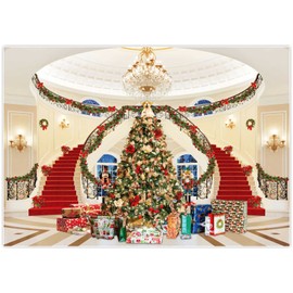 Allenjoy Luxury Christmas Stairs Photo Backdrop for Photography Picture New Year Birthday Party Merry Xmas Tree Holiday Home Wall Banner Happy Winter Supplies Decor Photoshoot Background 84" x 59"