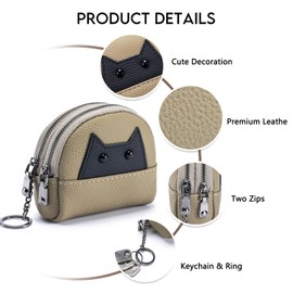 imeetu Coin Purse Keychain, Leather Cute Animal Change Pouch & 2 Zipper Pockets for Women (Light Grey)