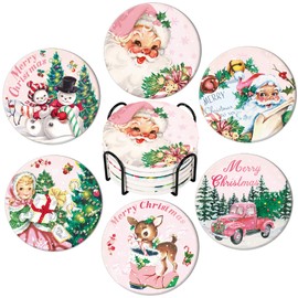 Whaline 6Pcs Pink Christmas Coasters with Metal Holder Vintage Santa Winter Snowman Xmas Tree Truck Ceramic Coasters Absorbent Cup Mat for Mug Cup Home Kitchen Office Party Table Decor