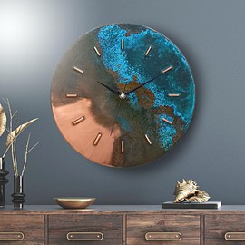 COPPER EMPIRE 12 Inch Turquoise Blue Green Patina Real Copper Non-Ticking Silent Battery Operated Modern Wall Clock for Living Room Wall Decor, Kitchen, Bedroom, Office (Black Colored Hands)