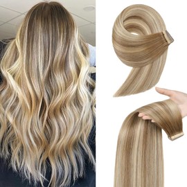 YDDM Tape-In Real Hair Extensions, 20 Pieces, 40 cm, 40 g, Light Brown with Golden Blonde, Invisible Tape Extensions, Real Hair Skin Weft Hair Extensions (16 Inches, 10/10/22#)