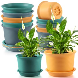 FoldTier 12 Pcs 6/7 Inch Large Plant Pots Flower Planter Pots Planting Pots Plastic Flower Pot with Drainage Holes and Saucers Tray for Indoor Outdoor Plants, Flowers, 3 Colors, 2 Size