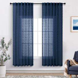 Navy Blue Boho Sheer Curtains 63 Inch Length for Nursery Boys Bedroom Cute Sheer Pom Pom Curtain for Farmhouse Window Decor Navy Indigo Blue Voile Drapes for Living Room Back Tab 2 Panels Set 52x63