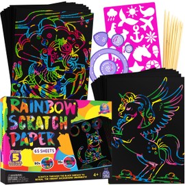 PURPLE LADYBUG Rainbow Scratch Art Paper, 79 PCS Creative Drawing Paper & Stencils - Arts and Crafts for Ages 4-12, Kids Craft Activity Set for Summer, Wedding, Travel, Birthday Party Games, Camping
