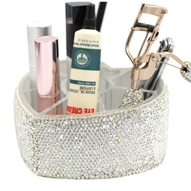 Caja de almacenamiento de cosméticos de escritorio con 8 agujeros en forma de corazón con diamantes de imitación brillantes para herramientas de cosméticos, caja de almacenamiento de joyas (plata)