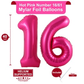40 Inch Sweet 16 Hot Pink Number Balloons Giant Jumbo Huge 16 or 61 Foil Mylar Helium Number Balloons Dark Pink Birthday Mylar Digital Balloons 16th Birthday Anniversary Events Party Decorations