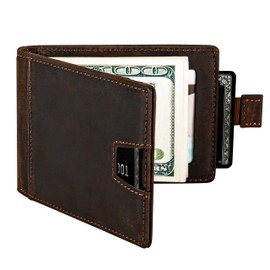 Military Veteran Products - Genuine Brown Crazy Horse Leather Bi-Fold Card Holder with Money Clip (Brown Blank Wallet)