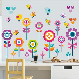 Flowers Wall Stickers for Kids Bedroom -Butterfly Bee Floral Wall Decals for Girls Room,Classroom,Nursery, Playroom- Removable DIY Peel and Stick Wall Art Decor