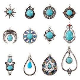 PandaHall 24pcs Tibetan Style Turquoise Charms Pendants Teardrop Sun Flower Oval Connector Link Charms for Earrings Necklaces Jewelry Making