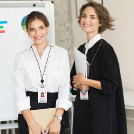 Blulu 2 Styles Sets Women Beaded Lanyard with ID Holder Retractable Badge Reel Stainless Steel Chain Necklace with 2 Water Resistant Name Badge Holder Clip (Black, Rose Gold)