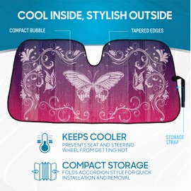 BDK Pink Butterfly Front Windshield Sunshade Accordion Folding Style Auto Shade for Cars Trucks SUVs Vans Blocks UV Rays Sun Visor Protector Easy Setup Keeps Your Vehicle Cool 58" x 27"