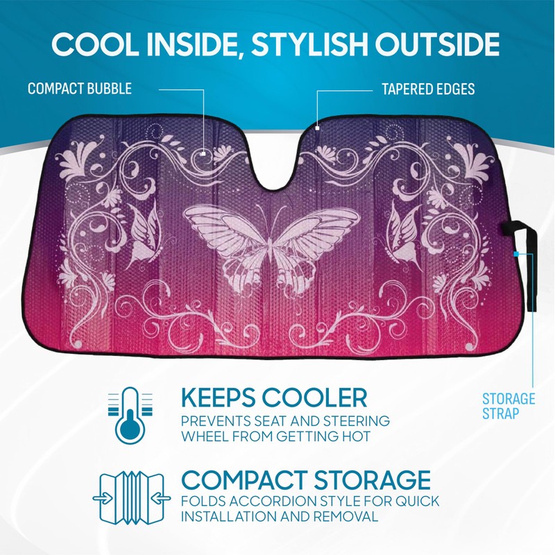 BDK Pink Butterfly Front Windshield Sunshade Accordion Folding Style Auto