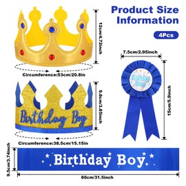 Bruislard Birthday Crown Party Set Prince Crown Hat Boy Costume Headwear Headband Tiara, Sash Ribbon, Button Pin Medal Accessory Decorations Photo Props Dress-Up Set for Boys' Theme Party Decoration