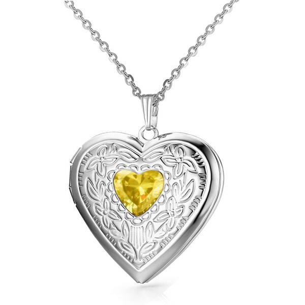 Birthstones Locket Necklace that Holds Pictures Love Heart Photo Locket