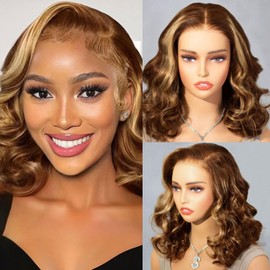 Wepwcod Bob Wigs Human Hair Glueless Wigs 13x4 HD Lace Closure Glueless Human Hair 180% Density Short Straight Bob Wig for Black Women (BW Bob Wig-4/27, 14 Inch)