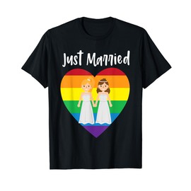 Just Married Double Bride Lesbian Pride Rainbow Color Print T-Shirt
