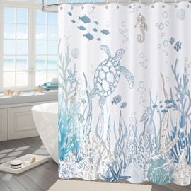 Caheansi Nautical Coastal Shower Curtain, Ocean Beach Themed Teal Blue Sea Turtle Underwater Coral Starfish Seashell Bathroom Curtain Waterproof Fabric Machine Washable with Hooks, 72" Wx72 L
