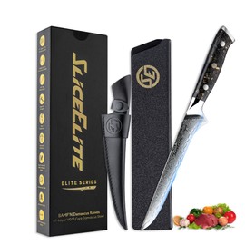 Elite Series Damascus Fillet Knife | Carbon Fiber & G10 Handles Option | Fish Fillet with Dual Sheaths | Damascus Kitchen Knives for Meat (6-Inch Fillet Knife (Carbon Fiber Handle))