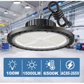 ISKYDRAW UFO LED High Bay Light 100W, 4 Pack Shop Lights for Garage 15000LM 6500K Daylight, Plug & Play IP65 Waterproof Commercial Bay Lighting for Workshop, Warehouse, Barn, Factory, Gym
