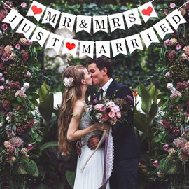 Mr & Mrs Just Married Banner, 2 Pack Wedding Decorations Banners Wedding Bunting Hanging Sign for Bridal Shower Wedding Party Decoration