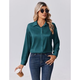 Zeagoo Satin Blouse 2025 Fall Fashion Clothes Long Sleeve Silk Button Down Shirts Cute Summer Tops Peacock Blue