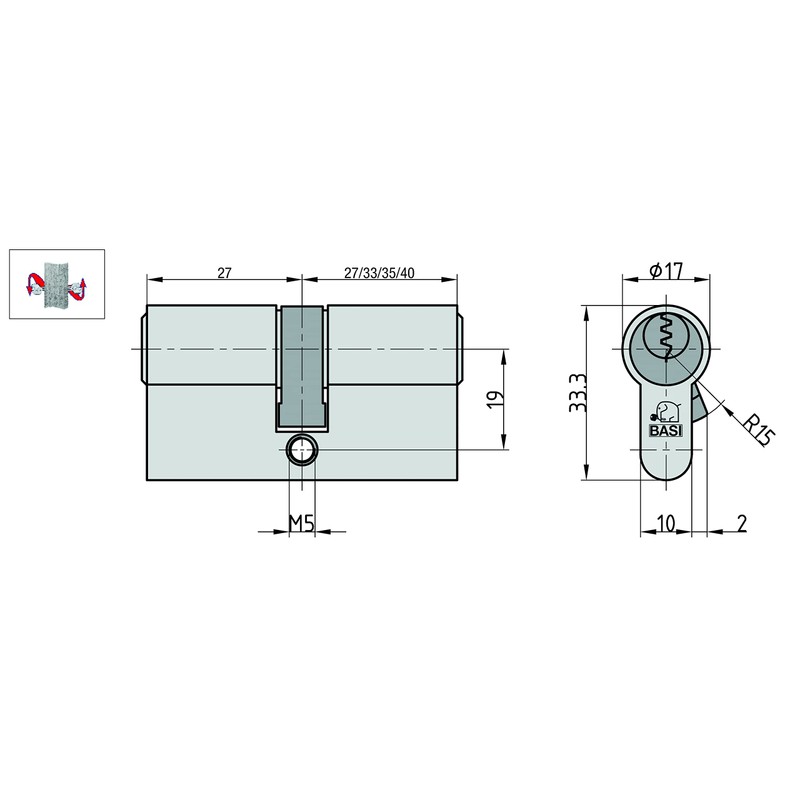BASI V50 Profile Short Cylinder 27/35 mm with Emergency and