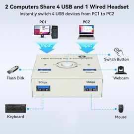 Conmutador USB 3.0 2 computadoras que comparten USB A 4 puertos USB Switcher para compartir teclado y mouse, impresora/escáner concentrador de interruptor USB para dos computadoras con 2 cables USB