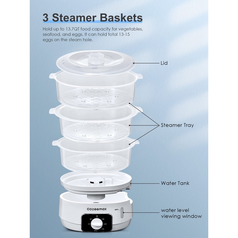 Cozeemax 3 Tier Electric Food Steamer for Cooking, 13.7QT Vegetable