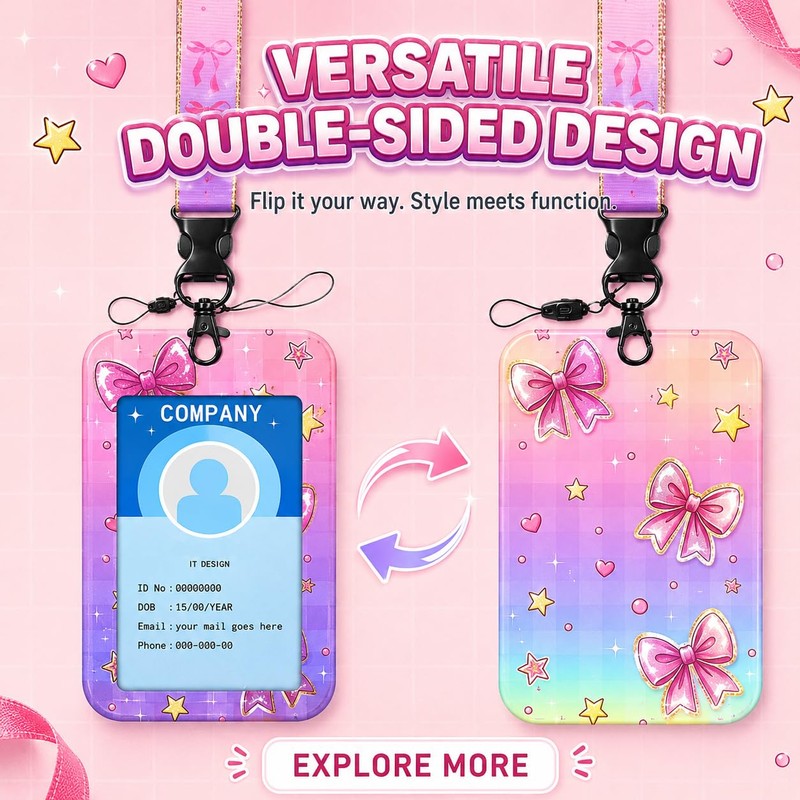 Pink Lanyards for ID Badges, Cute Bow Retractable Badge Reel