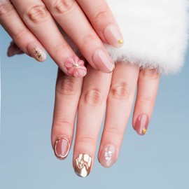 Sun&Beam Nails Handmade Nail Tip, Medium, Long, Oval, Round, Short, Pink, Gold, Glitter, Popular, 3D, Fashionable, Cute, Heart Design, False Nails, Set of 10 (#77 M)